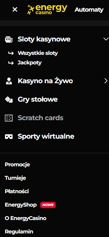 Energy Casino Menu mobilne